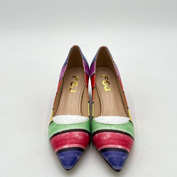 FSJ Rainbow Bridal Pointed Toe Chunky Block Low Heel Crystal Pumps Wedding Shoes - Picture 3 of 8